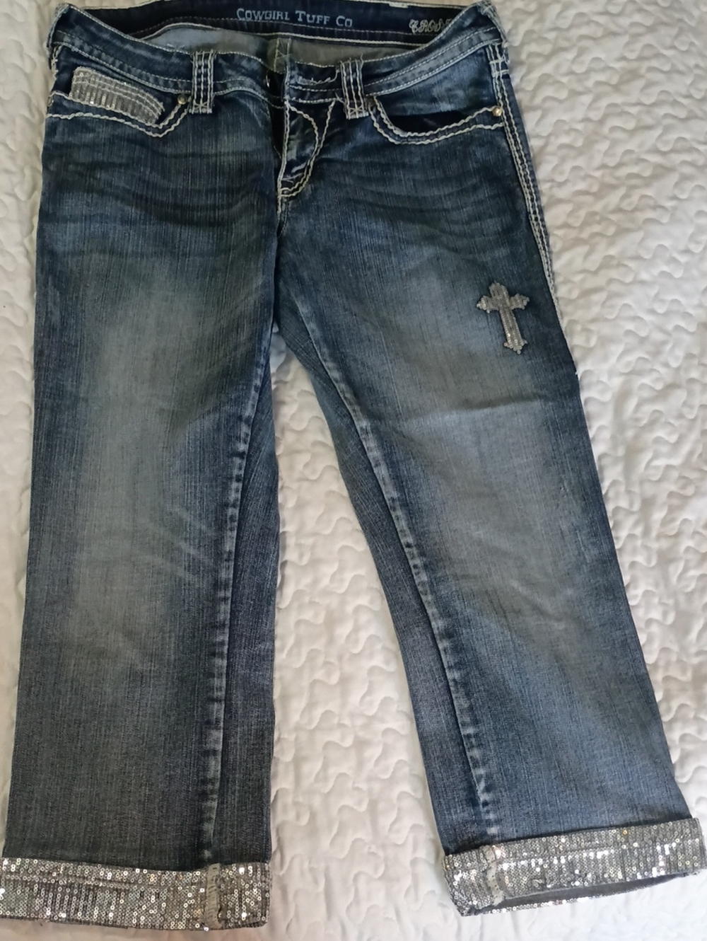 Cowgirl Tuff Women's Blue Denim Cropped Jeans with Sequin Cuffs Size 30